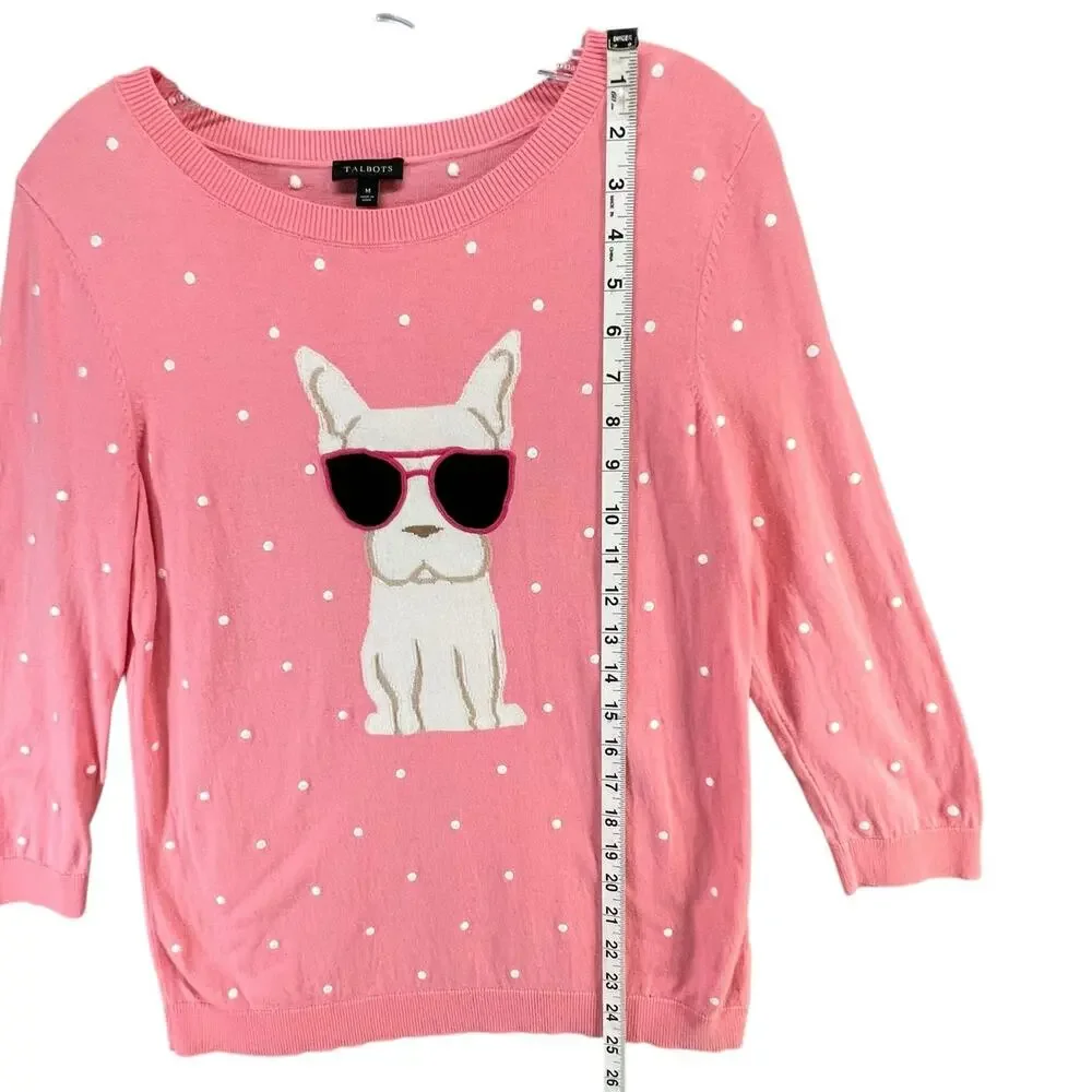 Talbots Sweater Womens M Pink Embroidered Novelty Dog Frenchie‎ Preppy Feminine